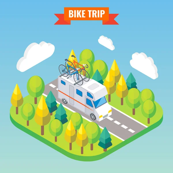 Camper van με ποδήλατο σε μια στέγη. Ταξίδια και κάμπινγκ ισομετρική διανυσματικά εικονογράφηση σε επίπεδη 3d στυλ. Υπαίθρια κατασκήνωση δραστηριότητα. Ταξιδεύουν με το τροχόσπιτο αυτοκίνητο — Διανυσματικό Αρχείο
