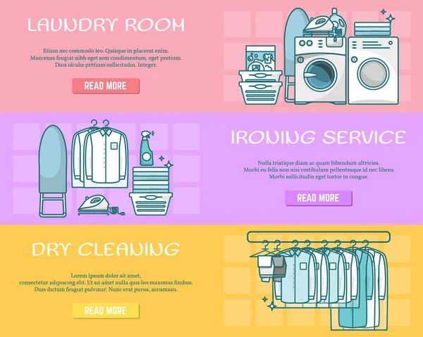 Vector set of laundry horizontal banners in linear style — Stock Vector
