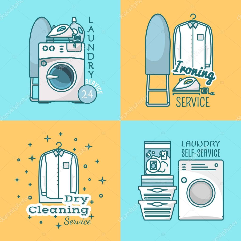 Vector set of laundry labels. Around the clock laundry service, ironing and dry cleaning services, laundry self-service typography linear design elements, badges, logos, emblems.
