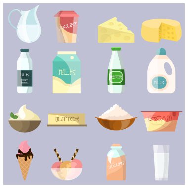 Vektör süt ürünleri düz Icons set