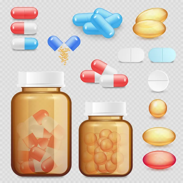Vector realista drogas y pastillas icono conjunto — Vector de stock