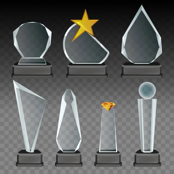 Trofeo transparente de vidrio vectorial y set de premios — Vector de stock