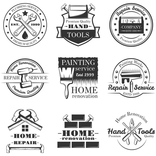 Vector uppsättning vintage hem reparation etiketter, märken och logotyper — Stock vektor