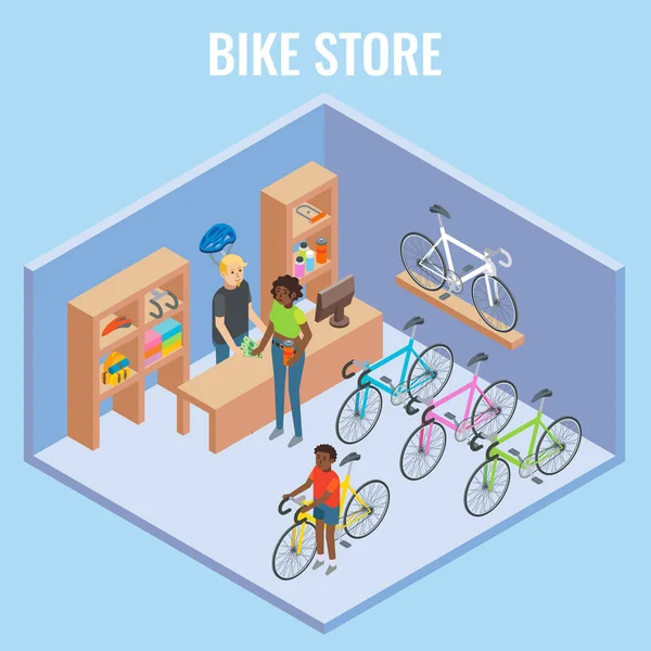 Vector 3d isometric bike shop concept illustration — Stock Vector