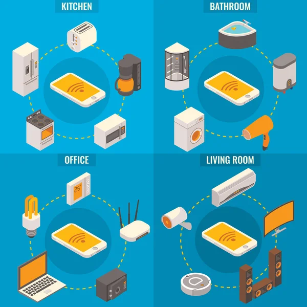 Conjunto vectorial de carteles isométricos de concepto de habitaciones para el hogar inteligente — Vector de stock