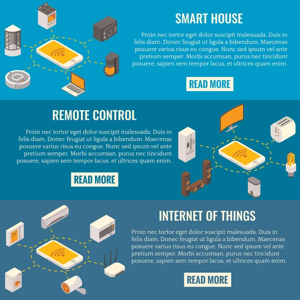 向量集的智能房子概念等距水平横幅 — 图库矢量图片