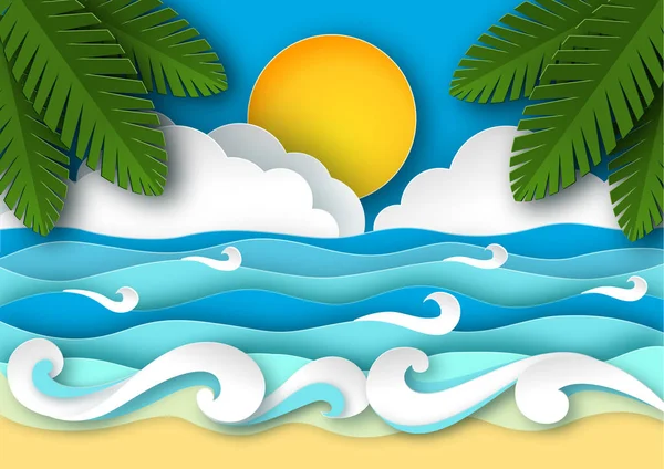 Las olas del mar y la playa tropical en estilo de arte de papel. Ilustración del vector de concepto de viaje. Cartel de vacaciones de verano en diseño de corte de papel — Vector de stock