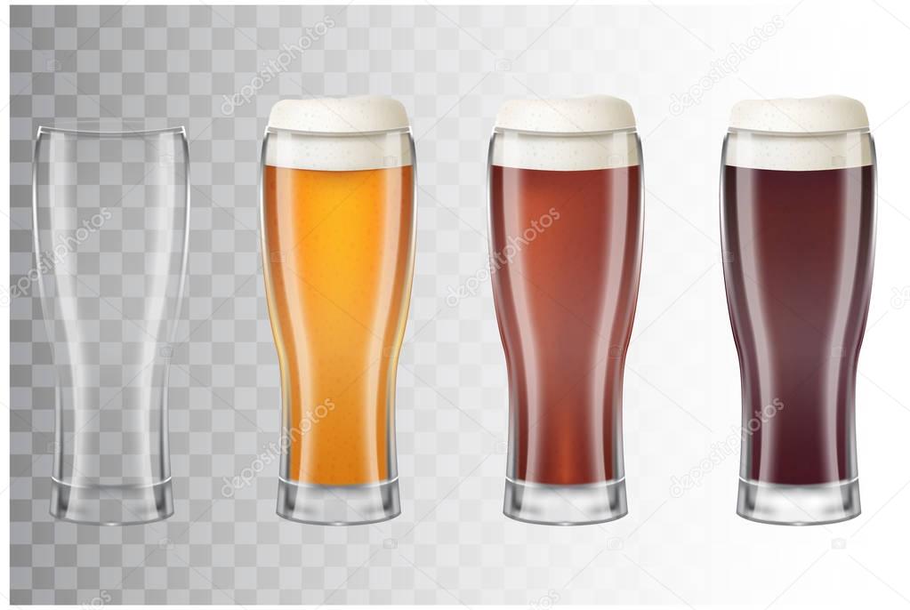 Set of realistic tall beer glasses with different main types of beer. Classic light beer, dark, red and empty glass on transparent background. Vector illustration of a 3d style