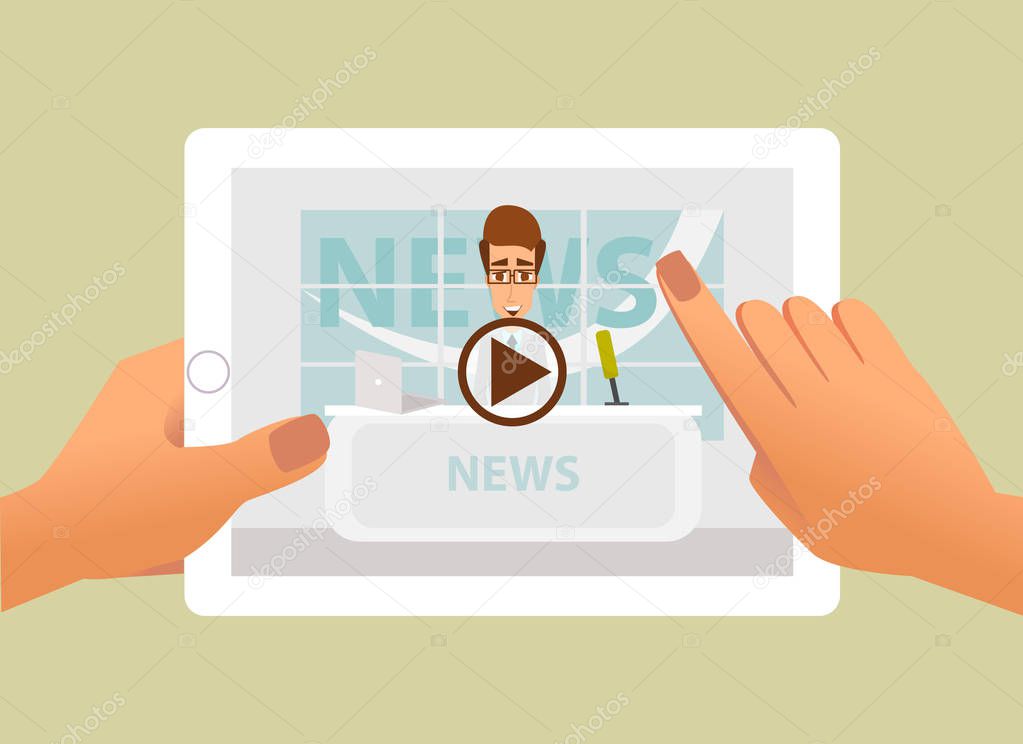 Tablet with online video of breaking news on screen in hands. Vector illustration of web online news and video live stream