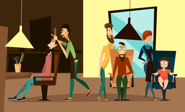 Интерьер парикмахерской с парикмахерскими и клиентами включает в себя детей. Векторная иллюстрация салона парикмахерской внутри с посетителями
