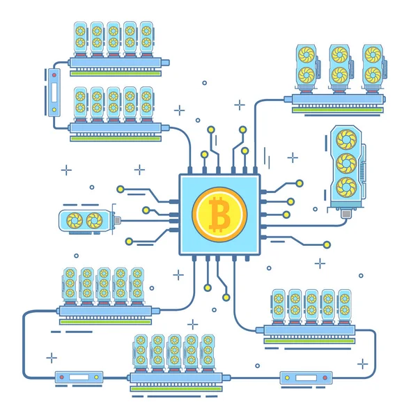 Εικονογράφηση διάνυσμα αγρόκτημα Bitcoin σε επίπεδη γραμμικό στυλ — Διανυσματικό Αρχείο