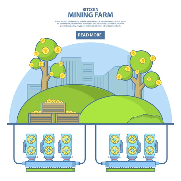 Bitcoin mining farm concept vector illustration in linear style — Stock Vector