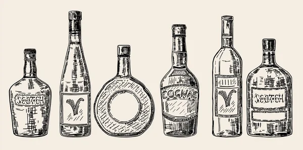Vector vintage handritad skiss stil alkohol flaskor set — Stock vektor
