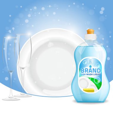 Bulaşık yıkama sıvı ürün reklam 3D illüstrasyon vektör. Plastik şişe etiket tasarımı. Yikarken sıvı veya bulaşık sabun marka reklam afişi