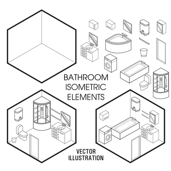 Isométrico baño constructor interior. Conjunto vectorial de elementos de mobiliario isométricos del interior del hogar aislados sobre fondo blanco. Plantilla de diseño 3d plana — Vector de stock