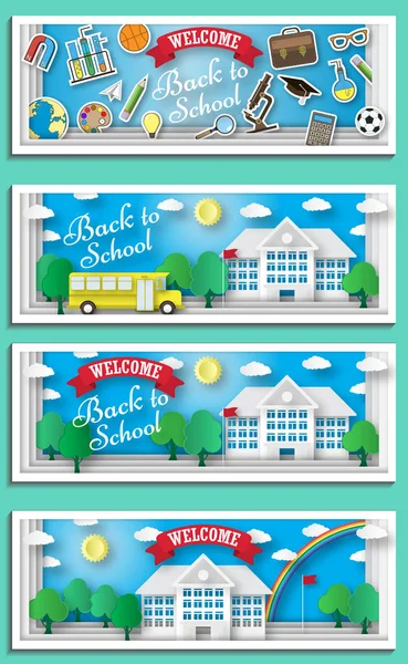 Volver a la escuela concepto vector cartel. Autobús escolar con edificio y pizarra en segundo plano. Primaria y secundaria. Banner de educación en estilo plano de dibujos animados — Vector de stock