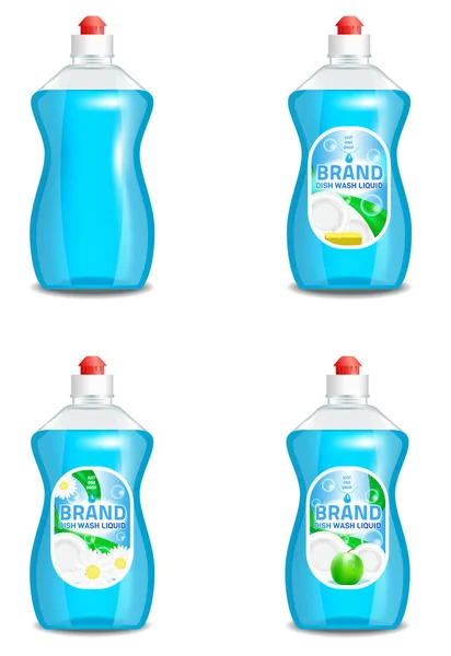 Conjunto vectorial de iconos de productos líquidos de lavado de platos realistas aislados en el fondo. Diseño de etiqueta de botella de plástico. Plantillas publicitarias de marca de jabón para lavar líquidos o lavavajillas — Vector de stock