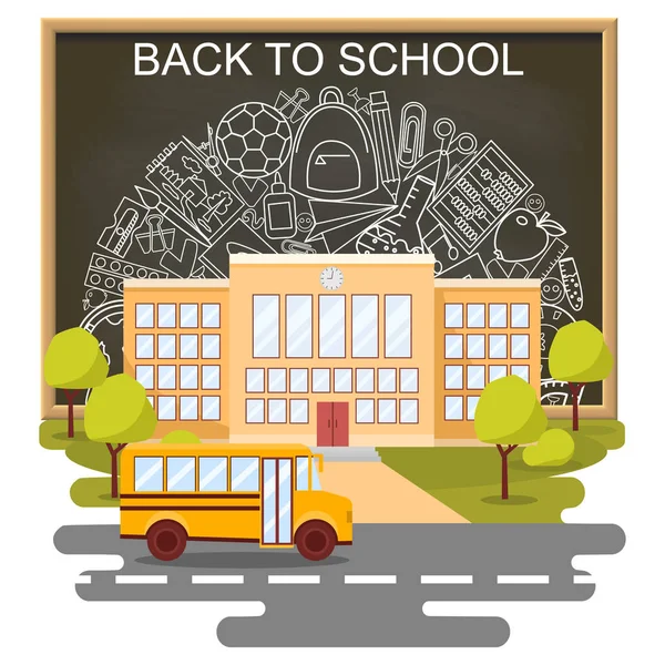 Kembali ke konsep sekolah poster vektor. Bus sekolah dengan bangunan dan papan tulis di latar belakang. Sekolah dasar dan menengah kota. Banner pendidikan dalam gaya kartun datar - Stok Vektor