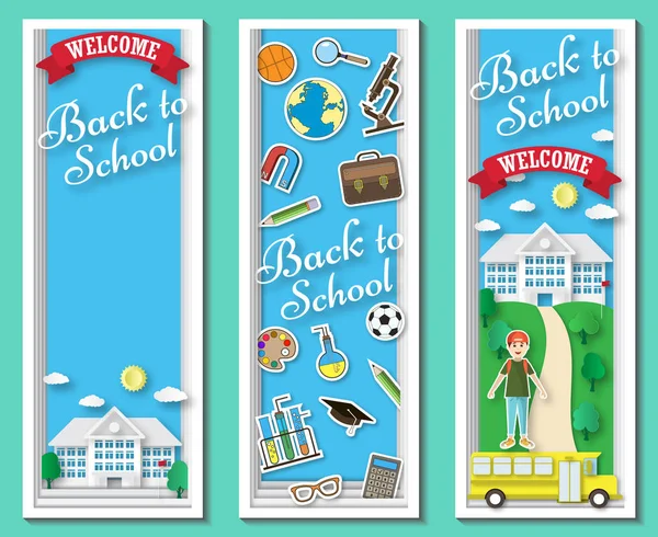 Três verticais Voltar para a escola molduras vetoriais e banners com papelaria doodle e edifício da escola em fundo azul. Papel corte formas design ilustração. Bandeiras da escola de arte de papel vetorial — Vetor de Stock