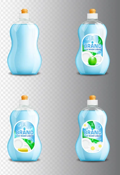 Vector uppsättning realistiska diskmedel flytande produkt ikoner isolerad på transparent bakgrund. Plastflaska etikettdesign. Diskmedel flytande eller diskmedel tvål varumärke reklam mallar — Stock vektor