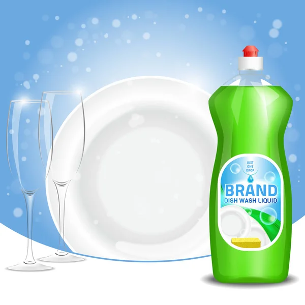 Vector 3d ilustração de cor verde lavar louça produto líquido propaganda. Design de etiqueta de garrafa de plástico. Cartaz publicitário de marca de sabão líquido ou de lavagem de louça —  Vetores de Stock