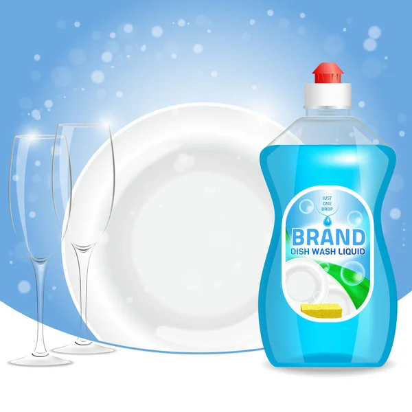 Векторная 3D иллюстрация рекламы жидкого продукта для мытья посуды. Пластиковая этикетка бутылки дизайн. Плакат для мытья посуды и жидкости для мытья посуды — стоковый вектор