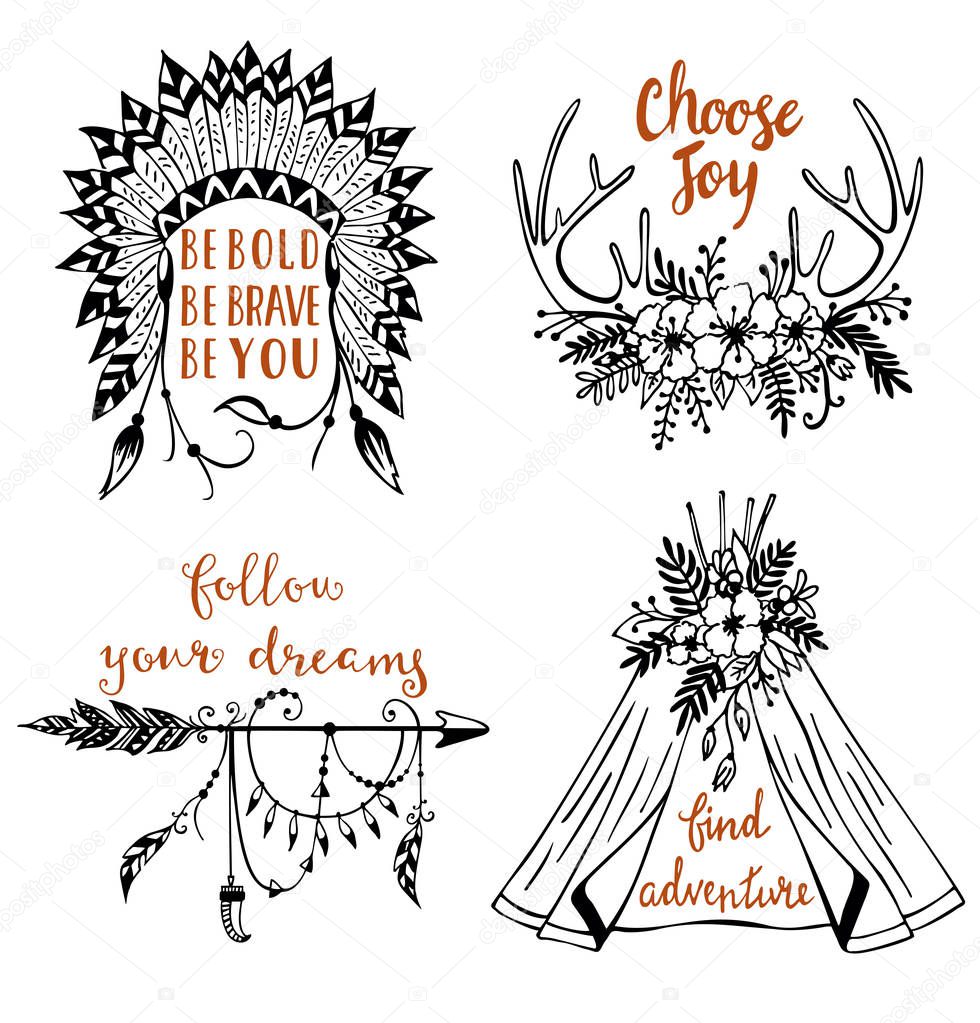 Vector hand drawn boho style design elements with inspirational quotes
