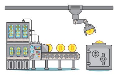 Bitcoin fabrika kavramı vektör çizim lineer tarzda