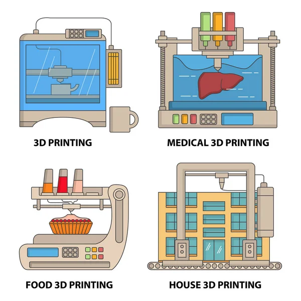 Vector 3d impresora plana delgada línea icono conjunto — Vector de stock