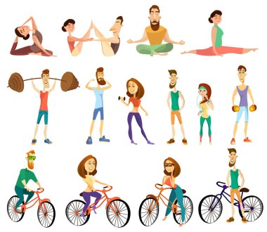 Vektör fitness çizgi film karakterleri Icons set