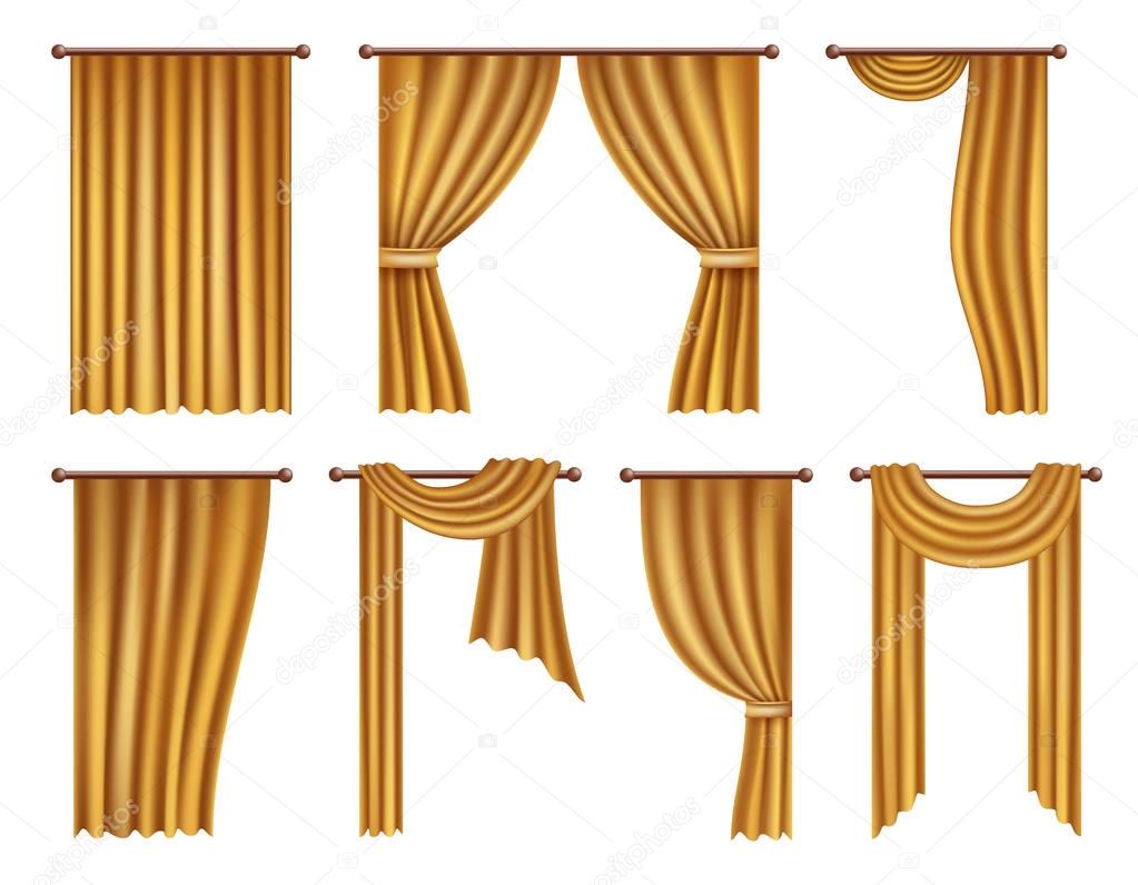 Vector realistic golden window curtains and drapes set