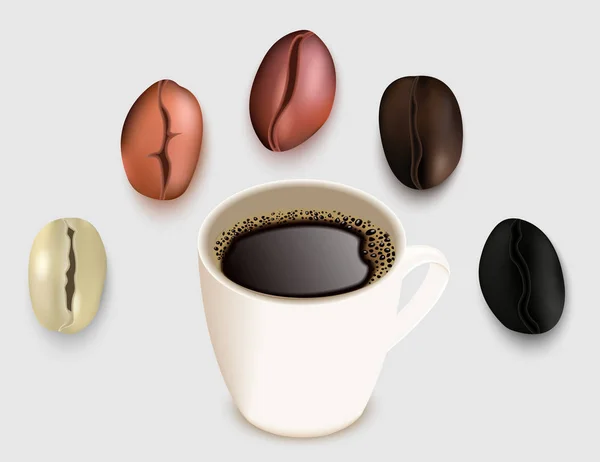 Coupe de café et grains de café vecteur 3d illustration réaliste — Image vectorielle