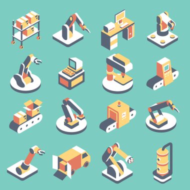 Otomatik üretim hattı vektör düz izometrik Icon set