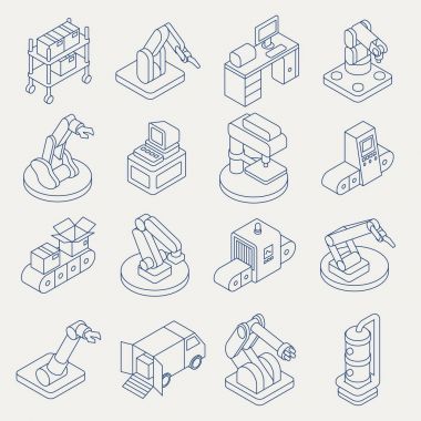 Otomatik üretim hattı vektör izometrik ince çizgi Icon set