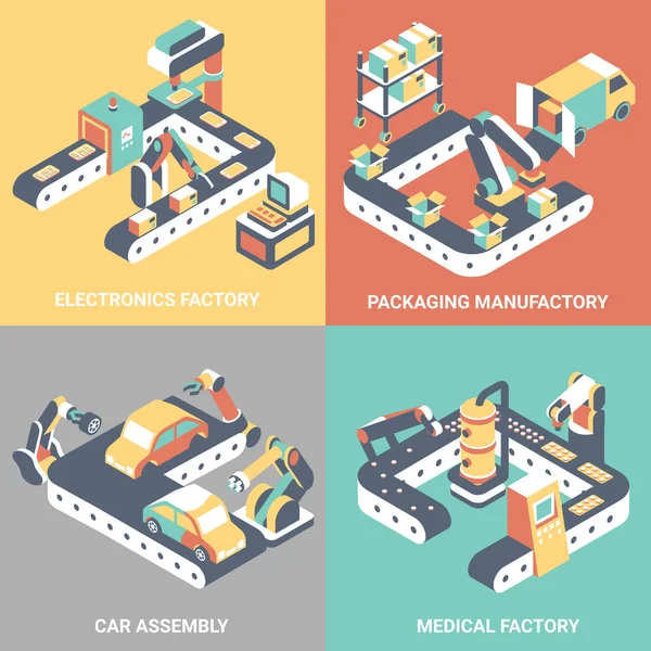 Factory automation concept vector flat isometric poster set — Stock Vector