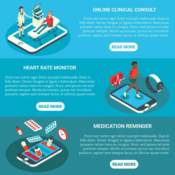 온라인 의료 서비스 벡터 평면 아이소메트릭 가로 배너 세트 — 스톡 벡터