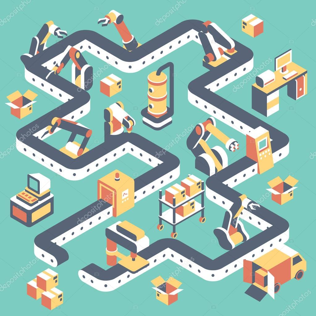Factory automated production line vector flat isometric 
