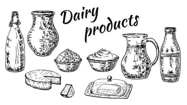 Set de productos lácteos estilo boceto dibujado a mano de tinta vectorial — Vector de stock