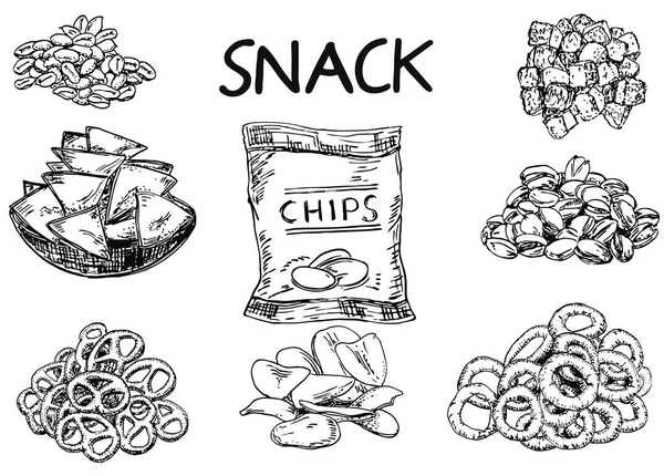 Vector ink hand drawn sketch style snack set — Stock Vector