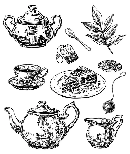 矢量水墨手绘素描风格茶具 — 图库矢量图片