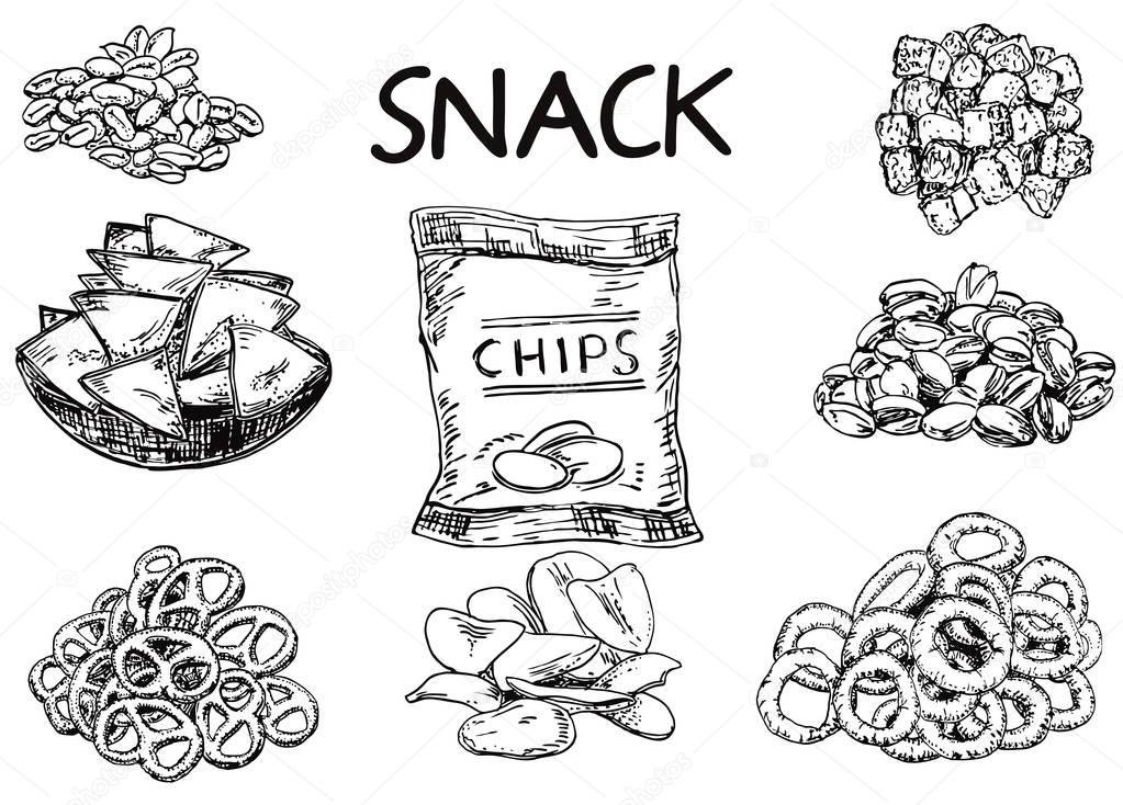 Vector ink hand drawn sketch style snack set