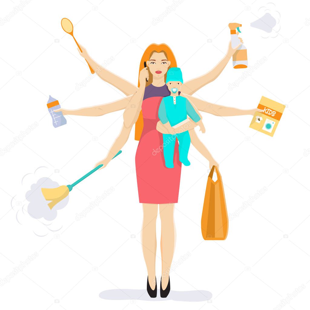 Busy multitasking woman and mom with baby vector flat illustration
