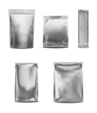 Vektör beyaz boş folyo paketi plastik çanta set