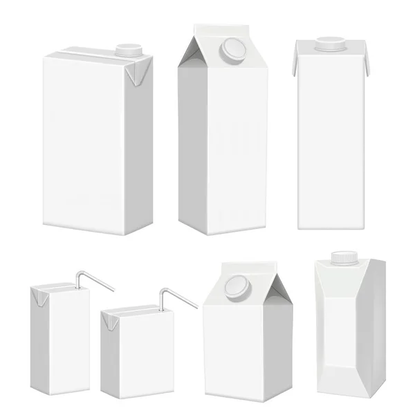 Conjunto de modelo de pacote de caixa de suco branco realista vetorial —  Vetores de Stock