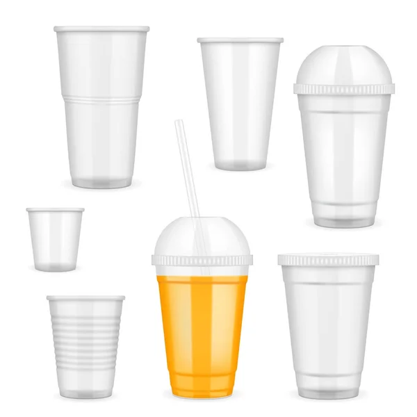 Vector realista transparente taza de plástico desechable conjunto — Vector de stock