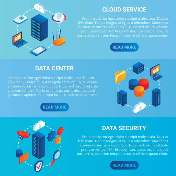 Conjunto de banner horizontal isométrico vector concepto centro de datos — Archivo Imágenes Vectoriales