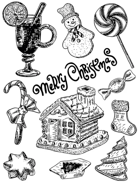 Vector ink hand drawn style merry christmas sweets set — Stock Vector