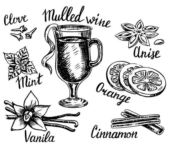 Set de vino caliente estilo dibujado a mano de tinta vectorial — Archivo Imágenes Vectoriales