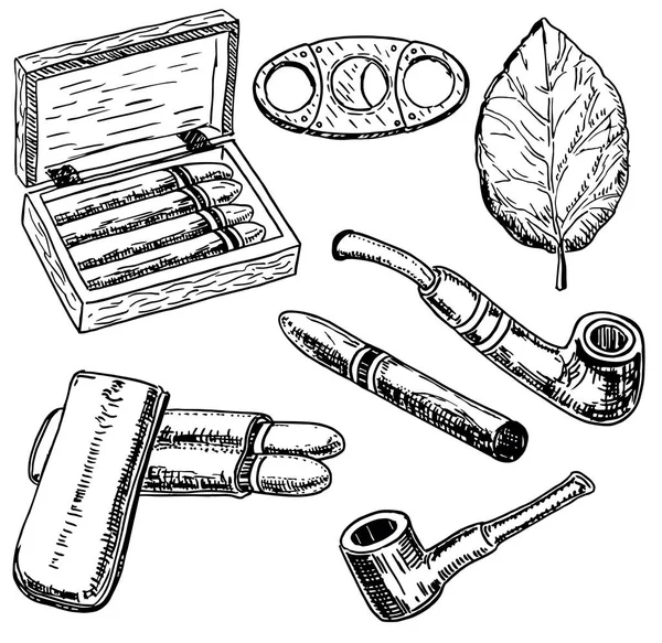 Set de tabaco estilo dibujado a mano tinta vectorial — Vector de stock