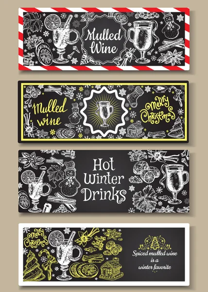 手描きのグリュー ワイン背景バナー セットです。黒と白は、ワイングラスとポスターをスケッチします。レトロなビンテージ スタイルのメニュー カード デザイン テンプレート. — ストックベクタ